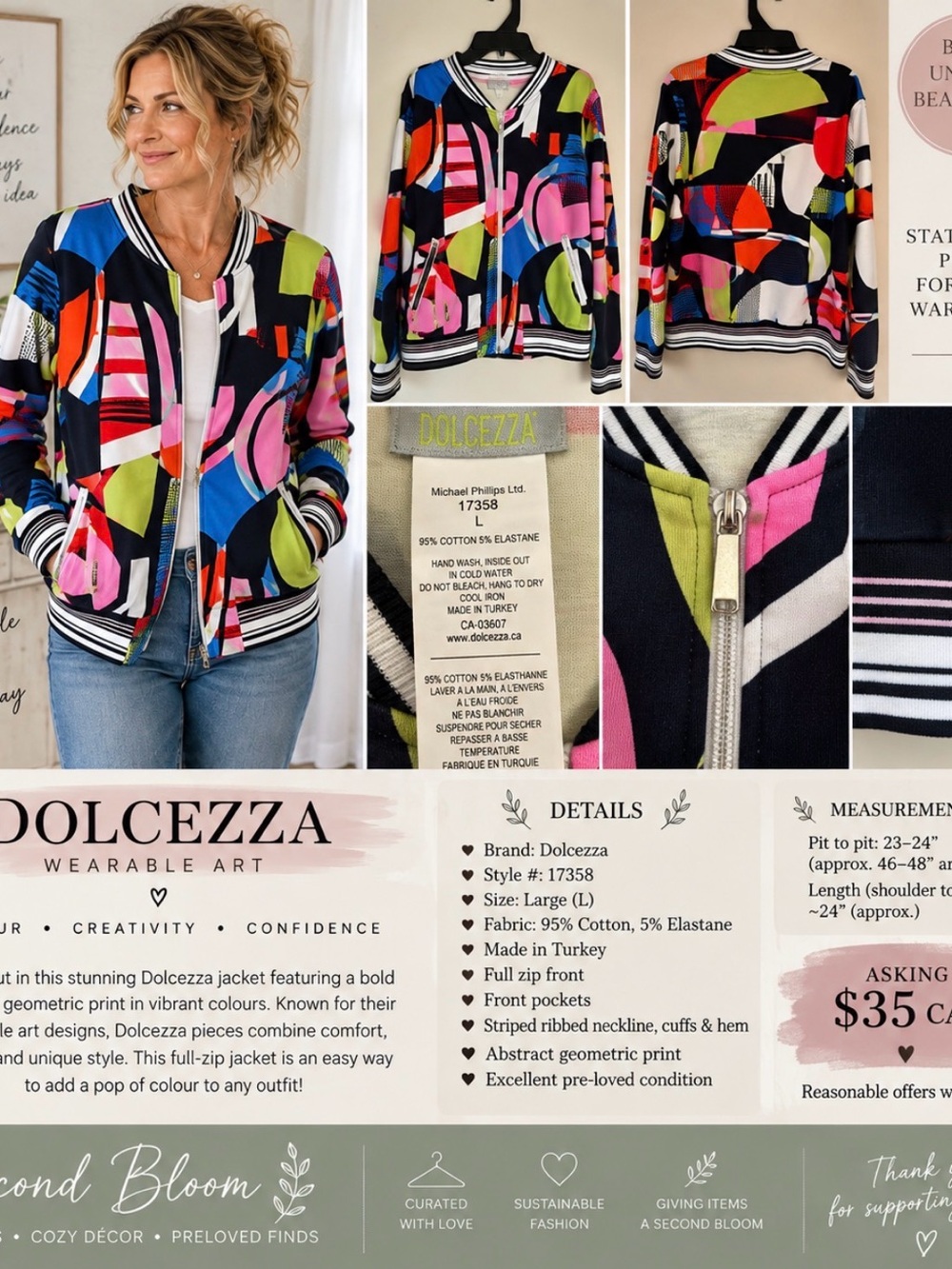 Dolcezza Multicolor Abstract Geometric Bomber Jacket — Large